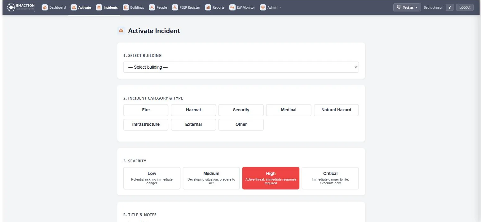 EMAction incident activation form with category, type and severity pickers