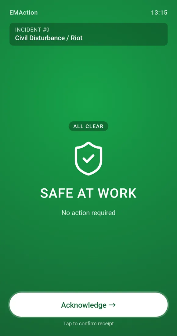 Safe at Work broadcast instruction on a staff phone