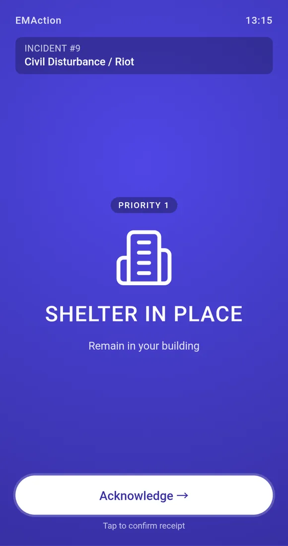 Shelter in Place broadcast instruction on a staff phone
