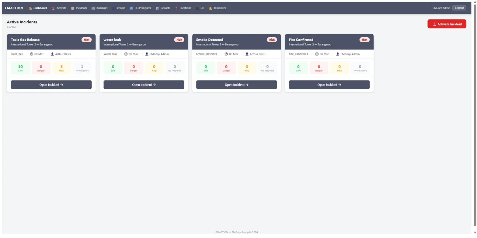 EMAction emergency incident management dashboard showing active incidents