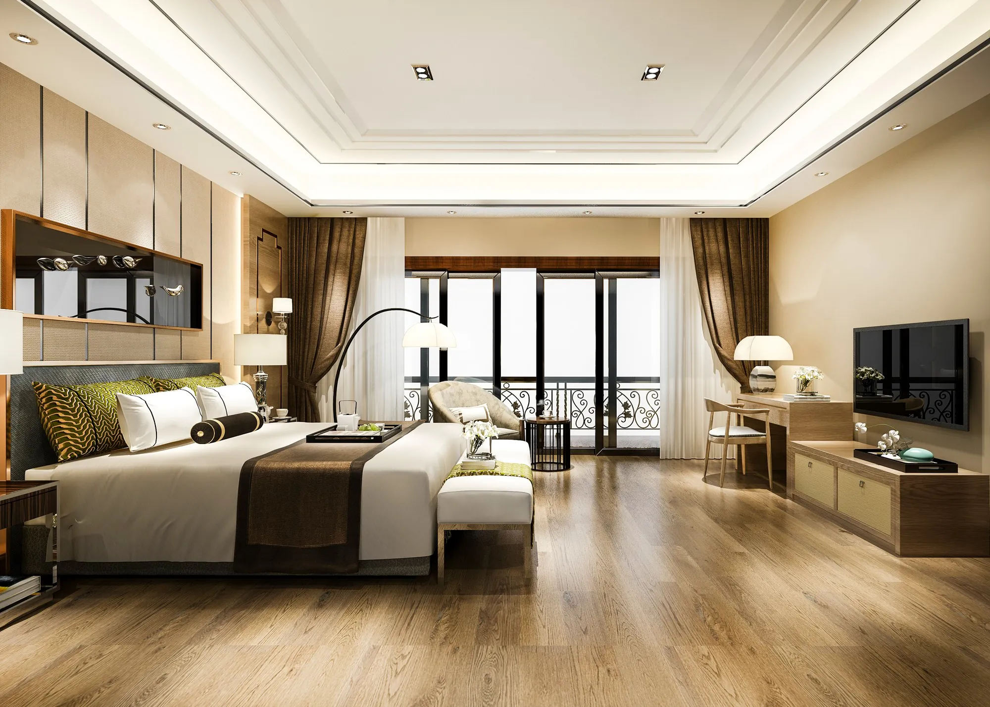 Luxury hotel suite with king bed, balcony and warm timber finishes — calm non-incident scene