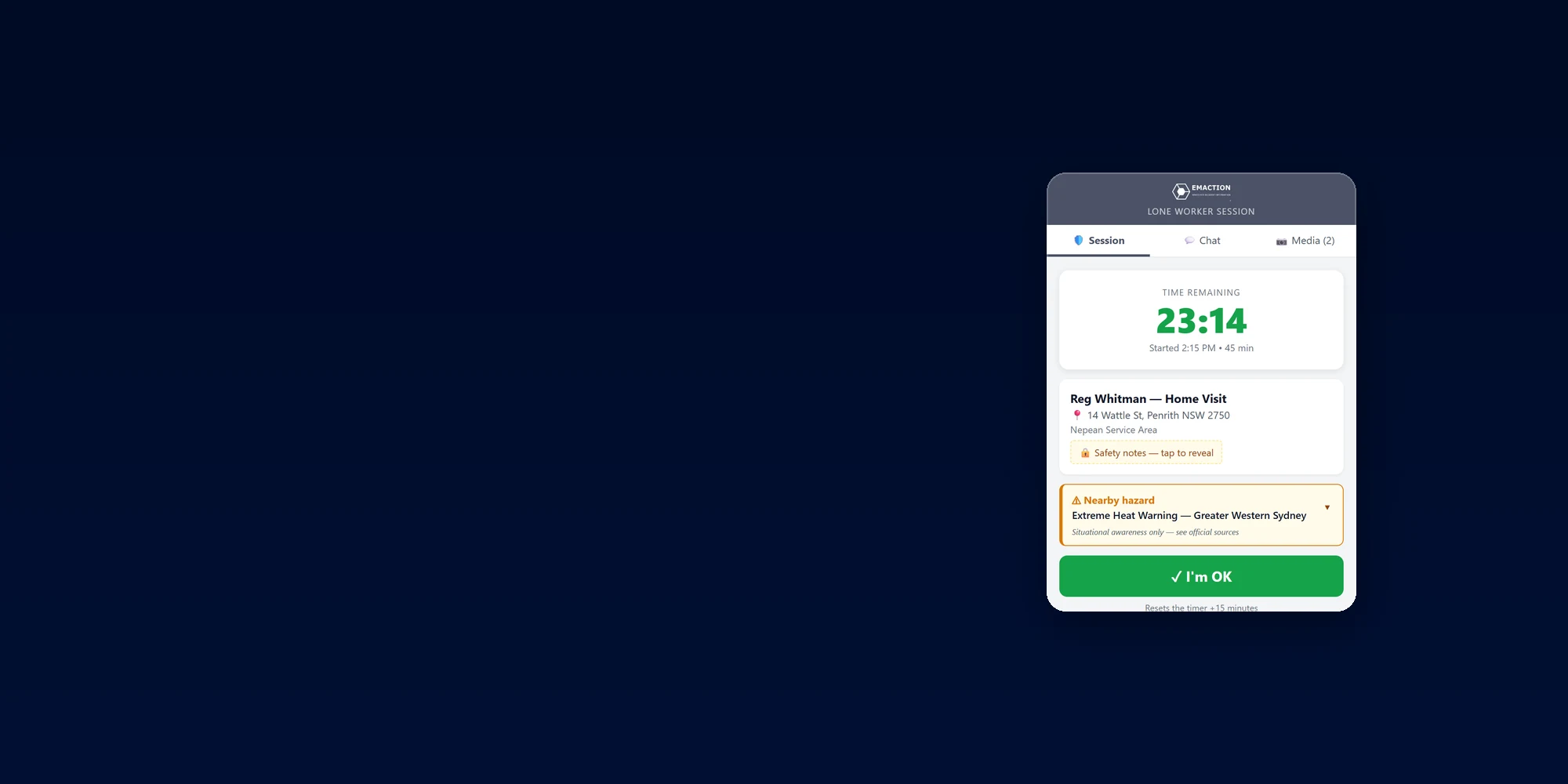 EMAction Lone Worker session on a phone — countdown timer, client visit details, a nearby hazard warning, and the I&rsquo;m OK check-in button